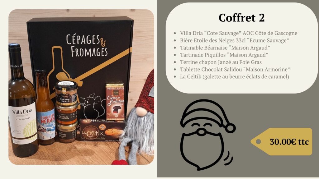 Villa Dria “Cote Sauvage” AOC Côte de Gascogne Bière Etoile des Neiges 33cl “Ecume Sauvage” Tatinable Béarnaise “Maison Argaud” Tartinade Piquillos “Maison Argaud” Terrine chapon Janzé au Foie Gras Tablette Chocolat Salidou “Maison Armorine” La Celtik (galette au beurre éclats de caramel)